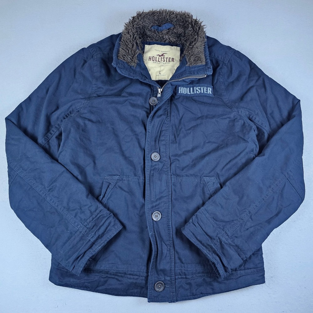 Y2K Hollister Military Jacket Mens Large Blue Sherpa Lined Full Zip Button Heavy